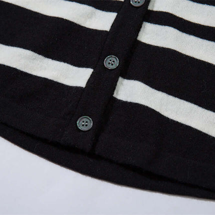 Striped VNeck Knit Cardigan – Slim Fit showing jacquard color-block striping and button closure.