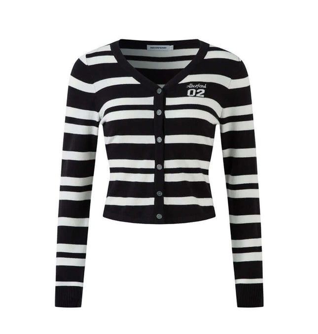 Striped VNeck Knit Cardigan – Slim Fit in black and white with button closure and long sleeves.