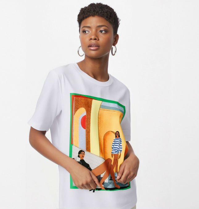 White Polo Neck Cotton TShirt – Slim Fit with fashion illustration on a model.