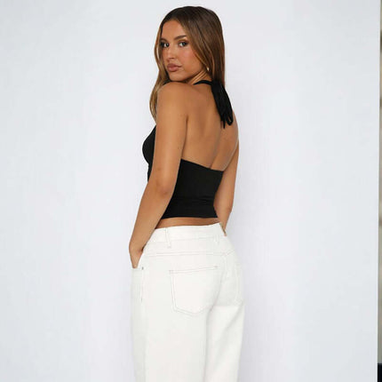 Woman wearing a black Suspender Halter Vest – Slim Fit, portraying confident street style with minimal design.