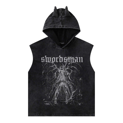 Washed Sleeveless Hooded Tank Top featuring a dark graphic design and edgy hooded style.