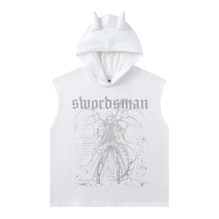 Washed Sleeveless Hooded Tank Top with graphic print and hood, perfect for summer street style.