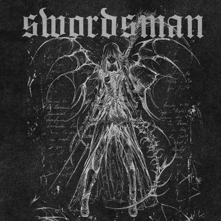 Artistic illustration of a swordsman with wings, featuring gothic text in a dark style.