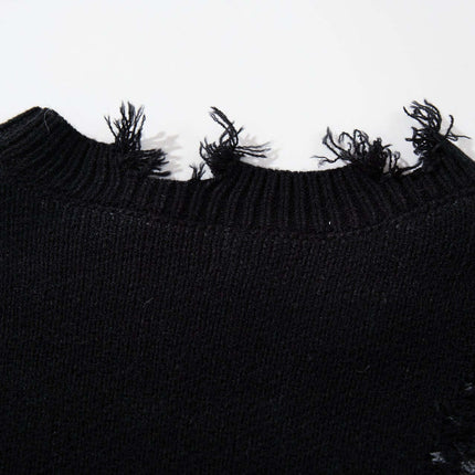 Tassel Distressed Knit Sweater – Loose Fit close-up showing neckline and distressed details.