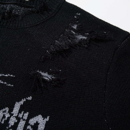 Tassel Distressed Knit Sweater – Loose Fit close-up of distressed detailing and jacquard pattern.