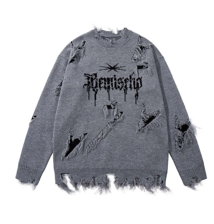 Tassel Distressed Knit Sweater – Loose Fit featuring unique distressed design and tassel details in gray.