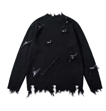 Tassel Distressed Knit Sweater – Loose Fit with a distressed black design and frayed edges for a rugged look.