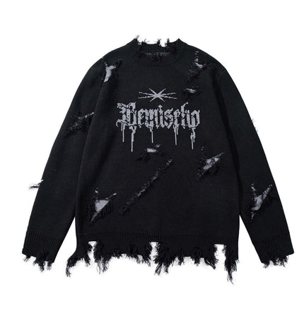 Tassel Distressed Knit Sweater – Loose Fit with jagged edges and distressed detailing in black