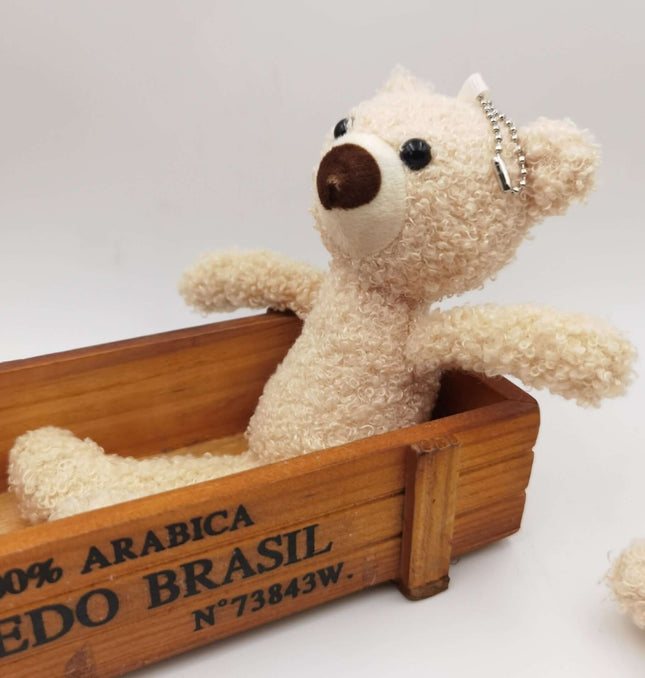 Teddy Bear Plush Keychain – 20cm sitting in a wooden box, showcasing its cute design and soft fabric.