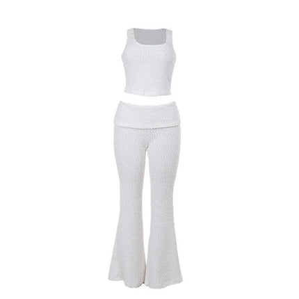 Textured Vest Pants Suit – Casual Fit featuring a sleeveless vest top and flared pants in white.