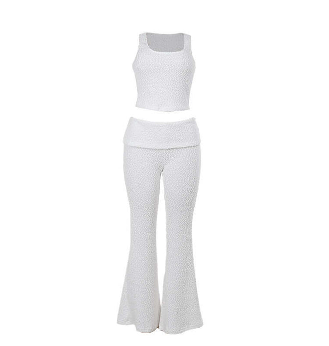 Textured Vest Pants Suit – Casual Fit featuring a sleeveless vest top and flared pants in white.