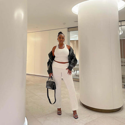 Textured Vest Pants Suit – Casual Fit worn by a stylish woman in a modern indoor setting.