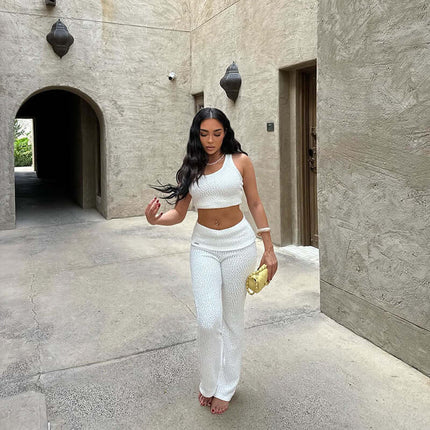 Textured Vest Pants Suit – Casual Fit model walking in a stylish white textured two-piece set.