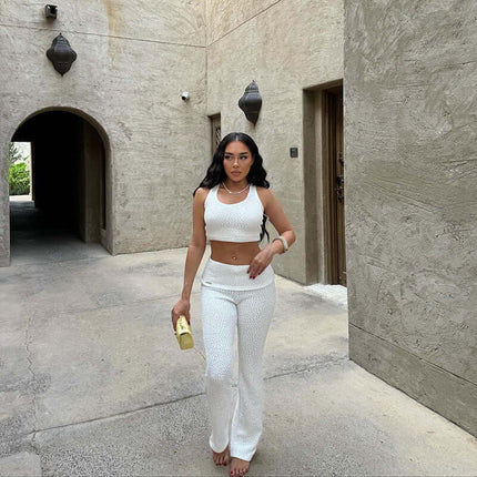 Textured Vest Pants Suit – Casual Fit model wearing white textured vest and long pants in outdoor setting.