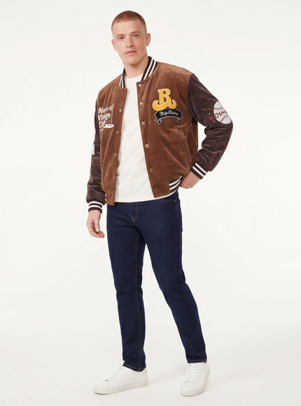 Close-up of Brown baseball jacket , heavy coat fabric