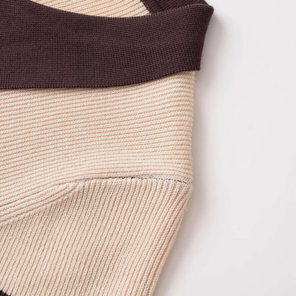 Close-up of the Threaded Knit Polo Collar Top – Loose Fit showing the knit texture and color-block design.