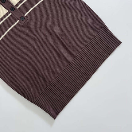 Threaded Knit Polo Collar Top – Loose Fit showcasing a stylish brown and beige knit design with a classic polo collar.