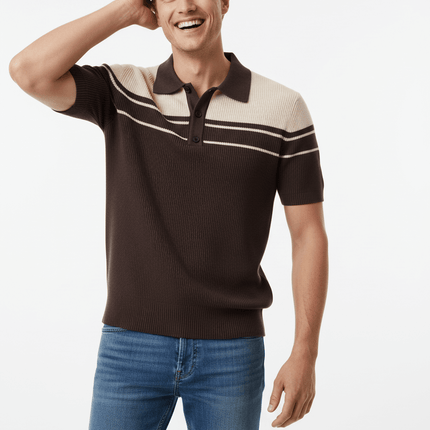 Stylish model wearing Threaded Knit Polo Collar Top – Loose Fit with a smiling expression.