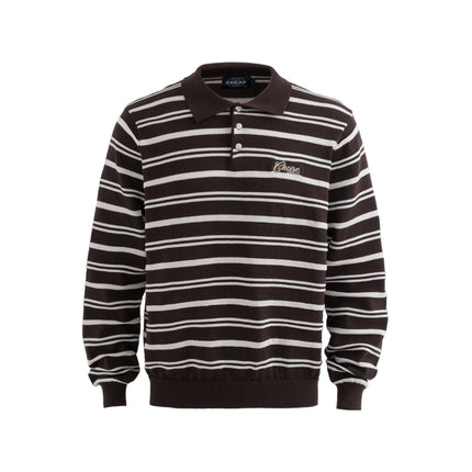 Turn-Down Collar Stripe Sweater featuring bold stripe detailing and letter embroidery in a relaxed fit.
