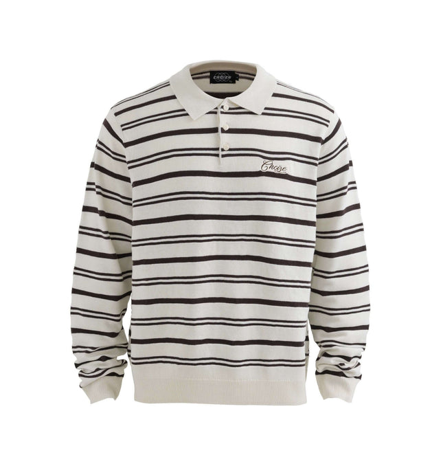 Turn-Down Collar Stripe Sweater with bold stripes and letter embroidery for a relaxed streetwear style.