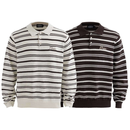 Turn-Down Collar Stripe Sweater in black and white stripes, showcasing stylish letter embroidery and relaxed fit.