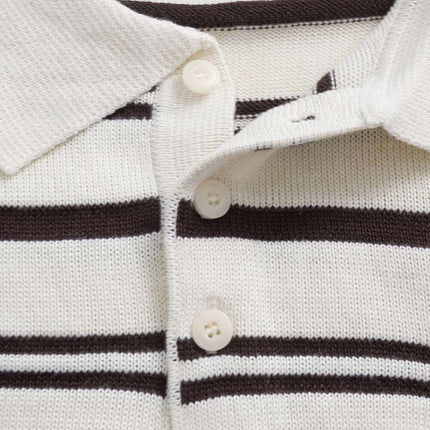Turn-Down Collar Stripe Sweater close-up showcasing buttons and bold stripe detailing.
