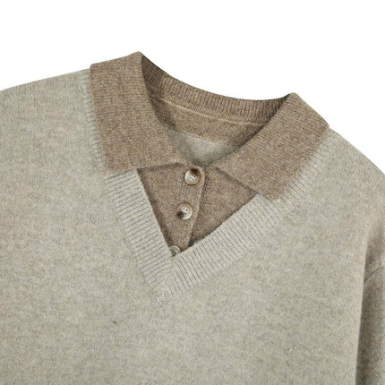 Two-Piece Style Knit Sweater – Loose Fit featuring a mock collar and button details, perfect for casual streetwear.