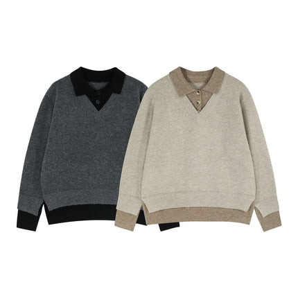 Two-Piece Style Knit Sweater – Loose Fit in gray and beige with classic turn-down collars.