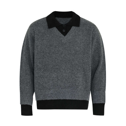 Two-Piece Style Knit Sweater – Loose Fit in grey with black collar, featuring a comfortable and stylish design for streetwear.