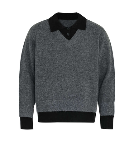 Two-Piece Style Knit Sweater – Loose Fit in grey with black collar, featuring a comfortable and stylish design for streetwear.