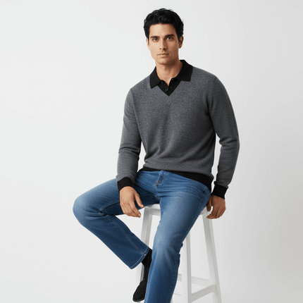 Two-Piece Style Knit Sweater – Loose Fit worn by a model, featuring a classic turn-down collar and relaxed look.