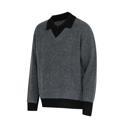Two-Piece Style Knit Sweater – Loose Fit in grey with black collar and sleeves, designed for modern street style.