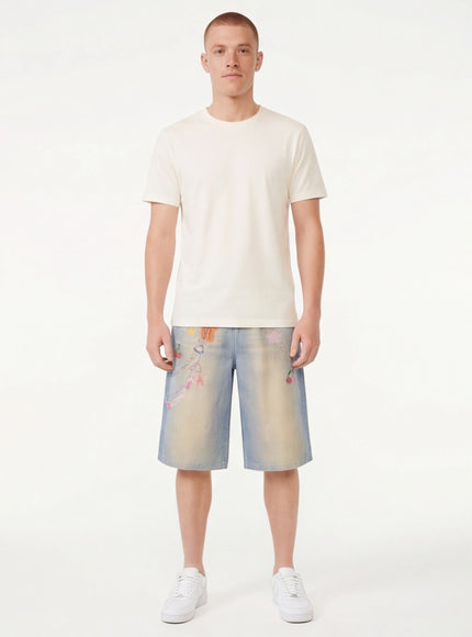 Close-up of Blue cartoon chain print wide shorts fabric