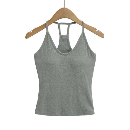 UNeck Crop Tank Top – Slim Fit in gray hanging on a wooden hanger, showcasing a chic and casual style.