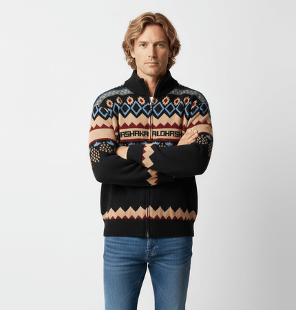 Unisex Jacquard Knit Pullover Sweater with geometric patterns and zipper in black and beige hues.