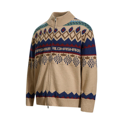 Unisex Jacquard Knit Pullover Sweater with zip front and colorful geometric patterns.