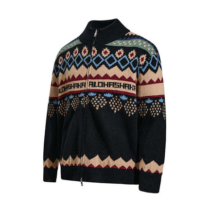 Jacquard Knit Pullover Sweater featuring a unique design with a zip-up collar and colorful geometric patterns.