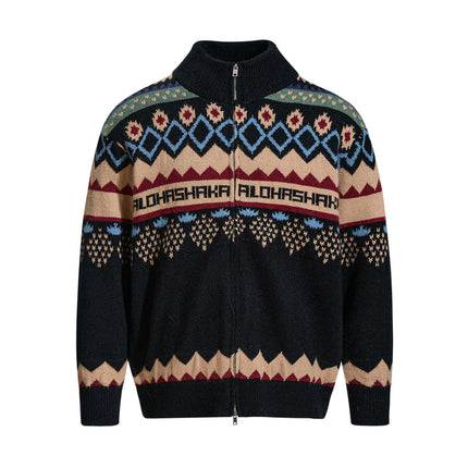 Jacquard Knit Pullover Sweater showcasing a stylish zippered design with vibrant geometric patterns.