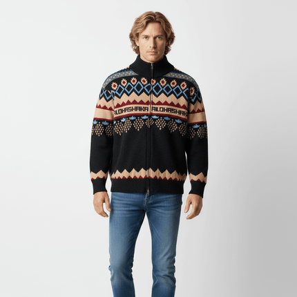 Unisex Jacquard Knit Pullover Sweater featuring a classic round neckline and bold geometric patterns.