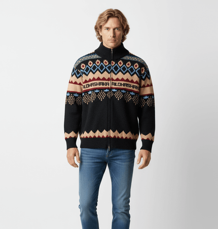 Unisex Jacquard Knit Pullover Sweater featuring a classic round neckline and bold geometric patterns.