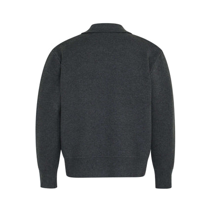 Notch Lapel Knit Sweater - Loose Fit, back view of dark grey unisex knit sweater with flip collar.