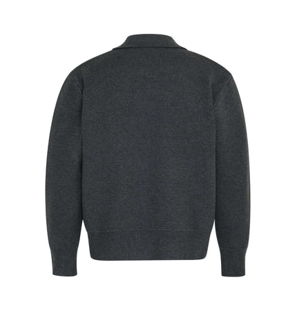 Notch Lapel Knit Sweater - Loose Fit, back view of dark grey unisex knit sweater with flip collar.