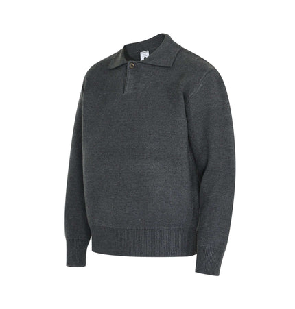Notch Lapel Knit Sweater - Loose Fit in dark gray color, featuring a flip collar and relaxed silhouette for versatile styling.