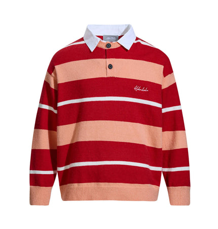Casual Two-Piece Knitwear with Collar featuring a striped red and peach design with a classic flip collar.