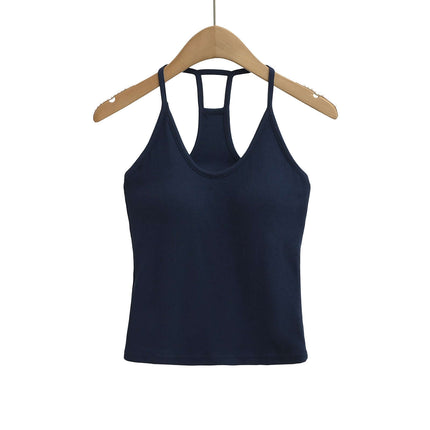 UNeck Crop Tank Top – Slim Fit in navy, hanging on a wooden hanger, perfect for casual styling.