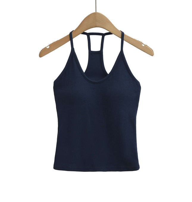 UNeck Crop Tank Top – Slim Fit in navy, hanging on a wooden hanger, perfect for casual styling.