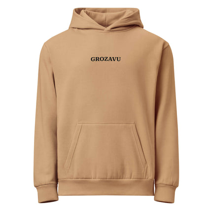 Urban Garment Dyed Hoodie – Loose Fit in tan color with front pocket and GROZAVU logo on chest.