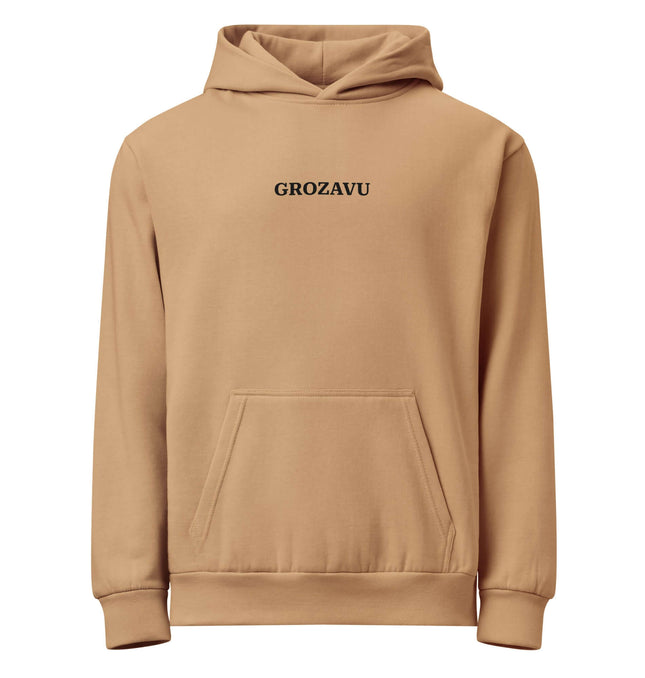 Urban Garment Dyed Hoodie – Loose Fit in tan color with front pocket and GROZAVU logo on chest.
