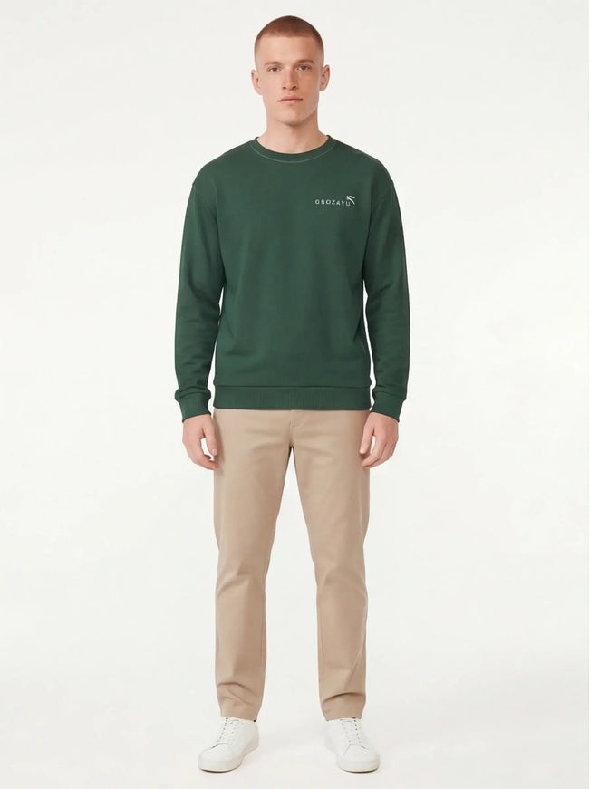 Model wearing cotton sweatshirt by Grozavu