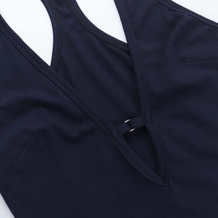 VNeck Backless Halter Vest – Slim Fit close-up showing the V-neck and back design in navy blue.